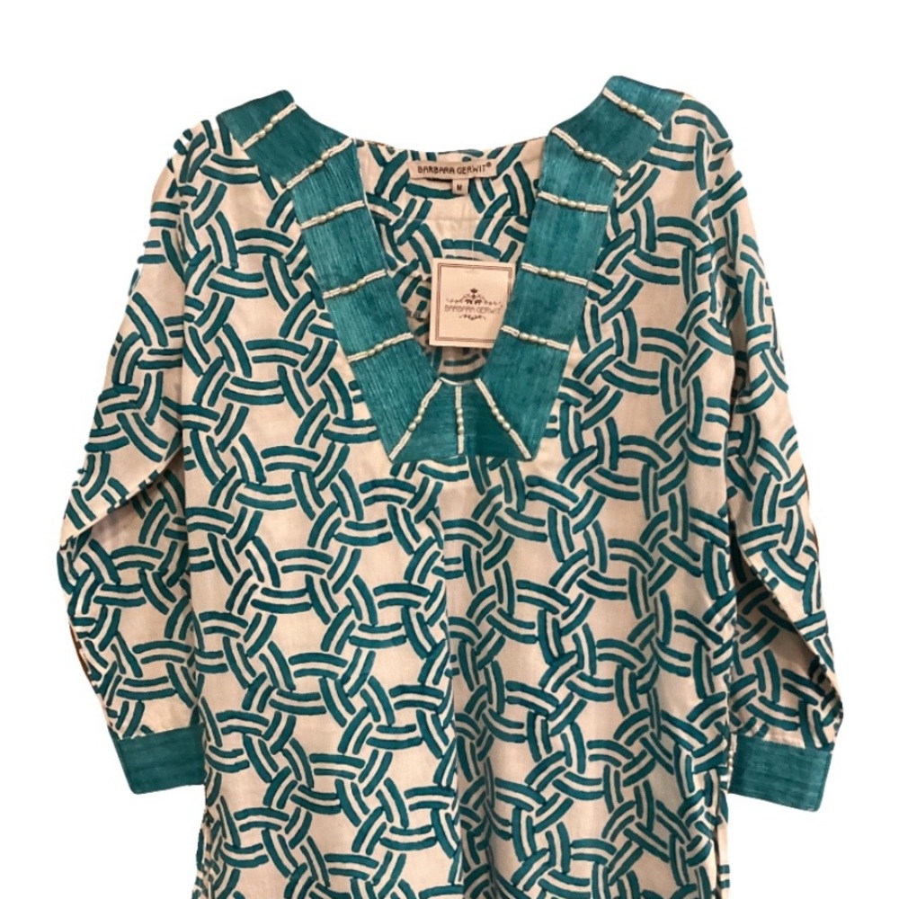 NWT BARBARA GERWIT Mini Dress Tunic Pearl Trim Geometric 100% Cotton Sz M